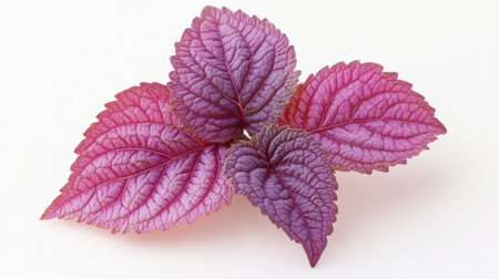 A purple-tinted coleus leaf perfectly positioned on a bright white background.の素材
