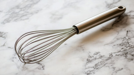 A stainless steel whisk resting on a marble countertop, isolated with soft lighting and clean shadowsの素材