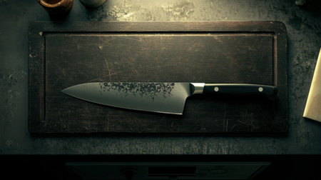 A sharp chefs knife placed on a cutting board with no people, modern kitchen prep conceptの素材