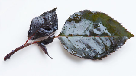 A rose leaf with water droplets, rich green tone on white backdrop.の素材