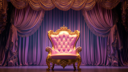 A royal pink chair with golden frame and crown details, positioned on a stage with dramatic curtains.の素材