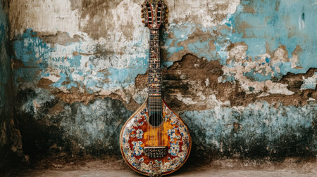 A sitar with ornate details leaning against a wallの素材