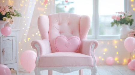 A soft pink chair with heart motifs on the backrest, surrounded by twinkling string lights.の素材