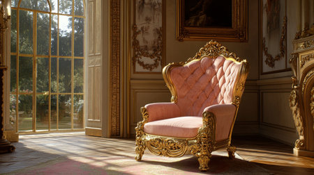 A single elegant princess chair with ornate golden carvings and plush pink velvet upholstery sits gracefully in a sunlit room.の素材