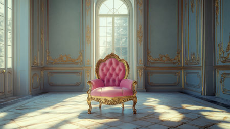 A royal-themed photoshoot setup with a single pink and gold princess chair in the center.の素材