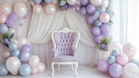 A soft lavender princess chair surrounded by pastel balloons and sheer curtains, perfect for a birthday backdrop.の素材