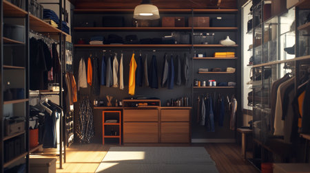 Clean dressing space with industrial accents and natural wood cabinetry.の素材