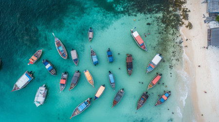 Drone shot of Koh Phi Phis horseshoe-shaped bay filled with boatsの素材