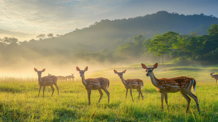 Herd of deer grazing in open fields in Khao Laem National Park.の素材
