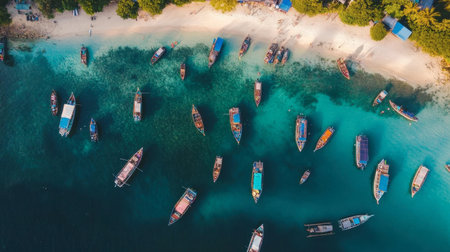 Drone shot of Koh Phi Phis horseshoe-shaped bay filled with boatsの素材