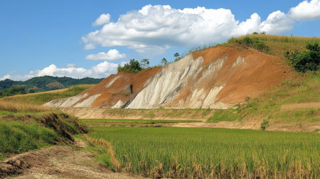 Limestone hills and rice fields near the entrance of Khao Nang Phanthurat Forest Park.の素材