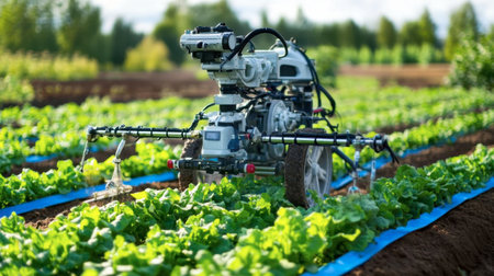 Advanced farming robot with multiple tools tending to rows of lettuce.の素材