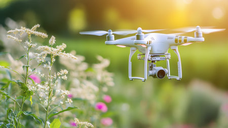 Agricultural drone flying over cornfield collecting data, no operator visible.の素材