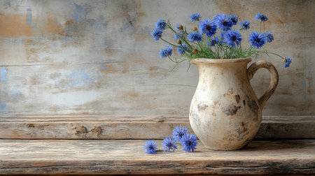 A cornflower in a rustic jug, with farmhouse kitchen backdrop.の素材