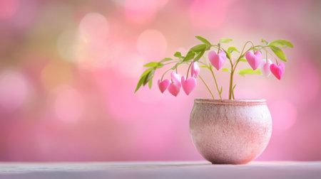 A bleeding heart flower in a romantic vase with soft bokeh background.の素材