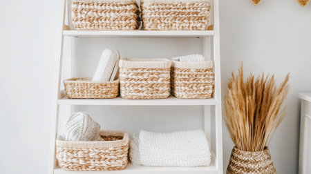 A decorative ladder shelf with neatly arranged storage basketsの素材