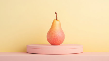 A juicy pear stands alone on a pastel yellow background, offering a soft, fresh aesthetic.の素材