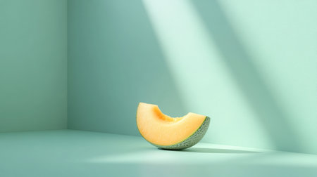 A lone cantaloupe slice resting on a mint green background, simple and refreshing.の素材