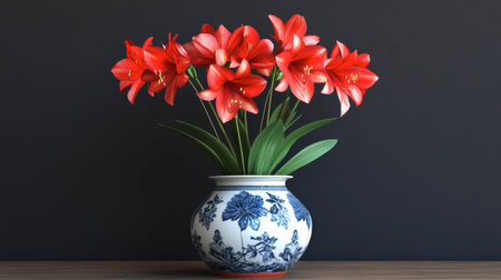 A red clivia flower in a ceramic vase with oriental decor touches.の素材