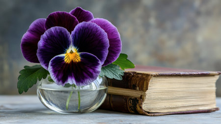 A pansy in a mini glass vase beside a stack of books.の素材