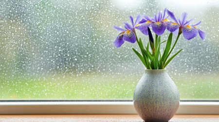 A purple iris in a slim, curved vase on a windowsill with raindrops outside.の素材