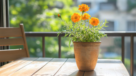 A single marigold in a rustic vase on a sunlit balcony table.の素材