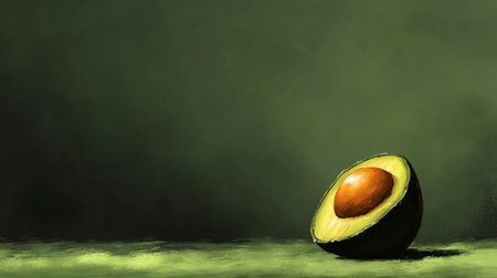 A perfectly ripe avocado half placed on a deep green background, highlighting healthy eating.の素材