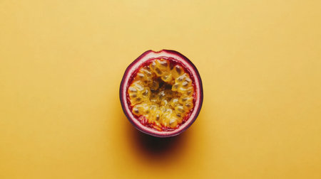 A single passionfruit cut in half on a pale yellow background, rich texture inside.の素材