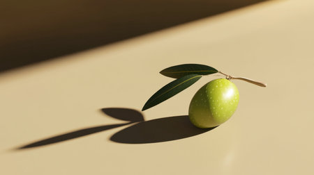 A single olive placed on a tan background, small but expressive.の素材