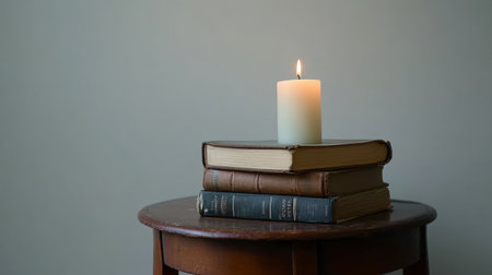 A stack of books with a candle on a side tableの素材