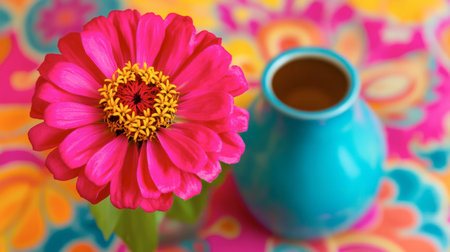 A zinnia in a bright vase on a colorful tablecloth.の素材