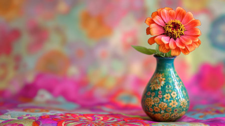 A zinnia in a bright vase on a colorful tablecloth.の素材