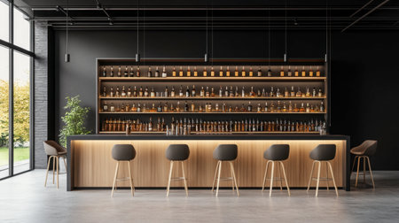 Dram shop scene with wall of international whiskey brands and tasting barの素材