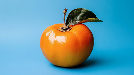 A whole persimmon resting on a cobalt blue background, rich and festive.の素材