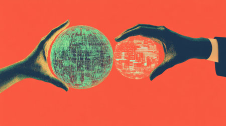 Collaboration concept with hand holding digital globe and other holding data hologram.の素材