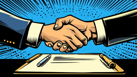 Business handshake over a contract with pen and clipboard, symbol of formal cooperation.の素材