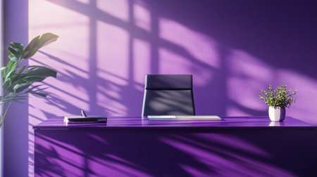 Matte purple desk in a modern purple workspace with clean edges.の素材