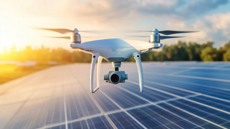 Industrial drone inspecting a solar panel field from above.の素材
