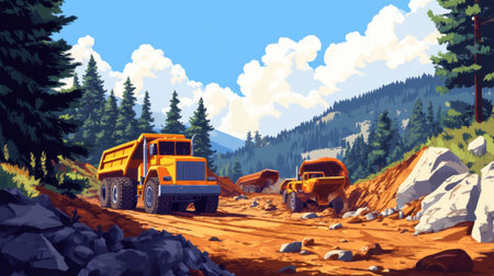 Heavy mining operation with massive trucks and machinery digging terrain.の素材