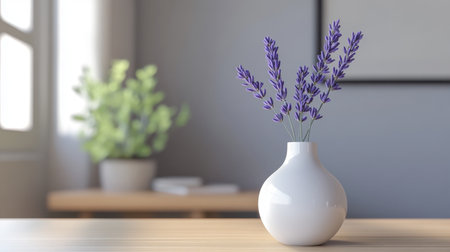 One lavender sprig in a white matte vase on a clean, modern desk.の素材