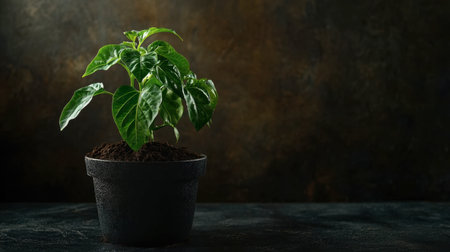 One green bell pepper plant in a black ceramic pot with soil, perfect for sustainable food visuals.の素材