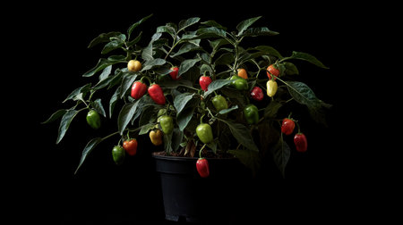 One vibrant capsicum plant showing both green and red fruits, neatly potted.の素材