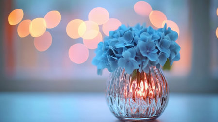 One blue hydrangea in a textured glass vase, with a blurred background.の素材