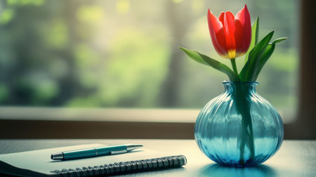 One tulip in a translucent blue vase beside a notebook and pen on a desk.の素材