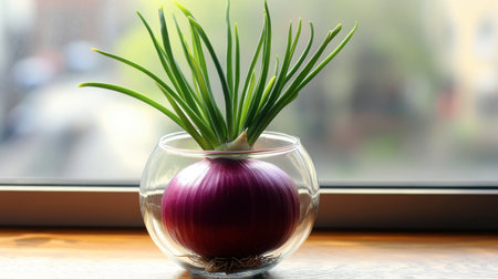 One red onion sprouting green shoots in a stylish container under indoor light.の素材