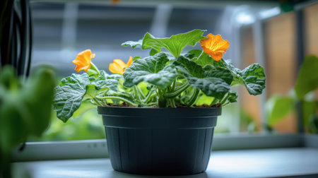 One zucchini plant in a recycled pot with visible leaves and blossoms, eco-friendly setup.の素材