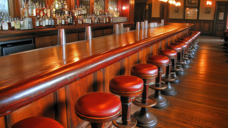 Row of bar stools in front of a long polished wood counter in a quiet dram shopの素材