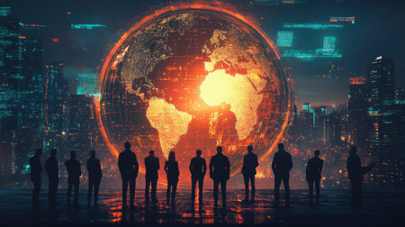 People surrounding a glowing globe in tech interface, symbolizing digital global teamwork.の素材
