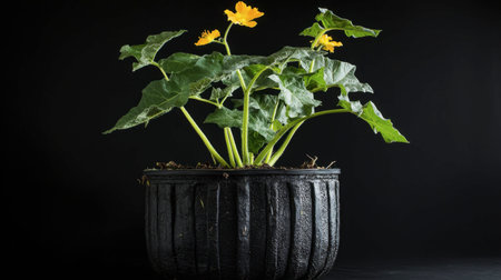 One zucchini plant in a recycled pot with visible leaves and blossoms, eco-friendly setup.の素材