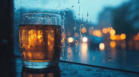 Rainy evening view from inside a dram shop with reflections on the glassの素材